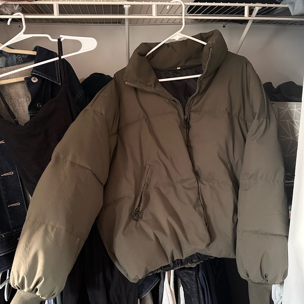 Olive Green Bomber Puffer Jacket